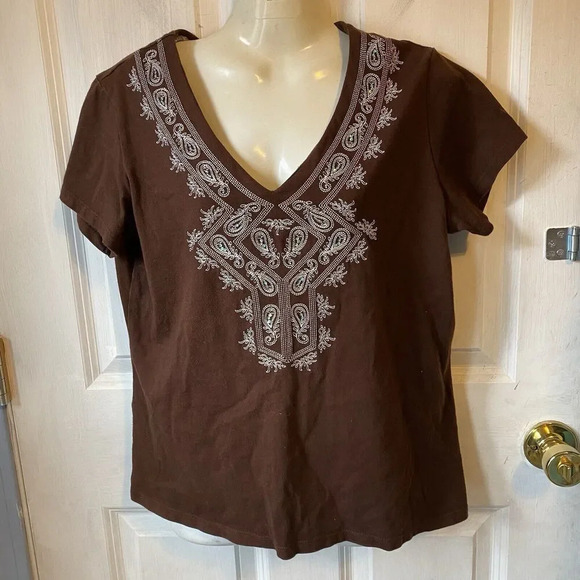 Y2K WHITESTAG Cotton V-Neck Paisley Embroidered tunic Top Sz M Cottagecore Brown - Picture 1 of 6